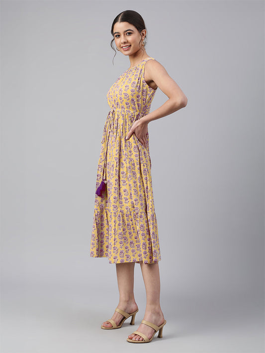 Janasya Bright Cotton Floral Tiered Dress 