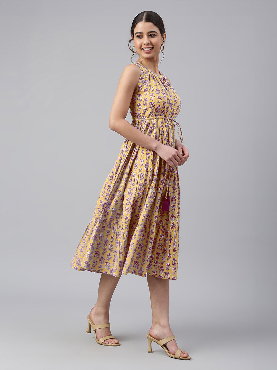 Janasya Bright Cotton Floral Tiered Dress 