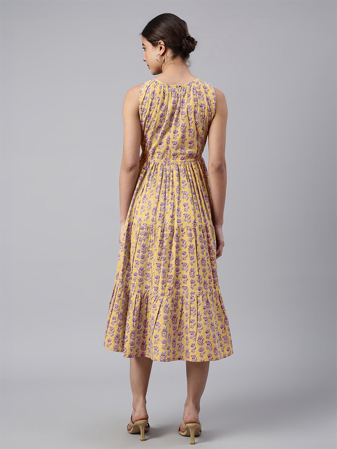 Janasya Bright Cotton Floral Tiered Dress 