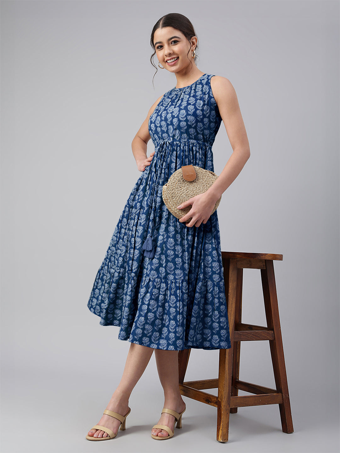 Janasya Bright Cotton Floral Tiered Dress 
