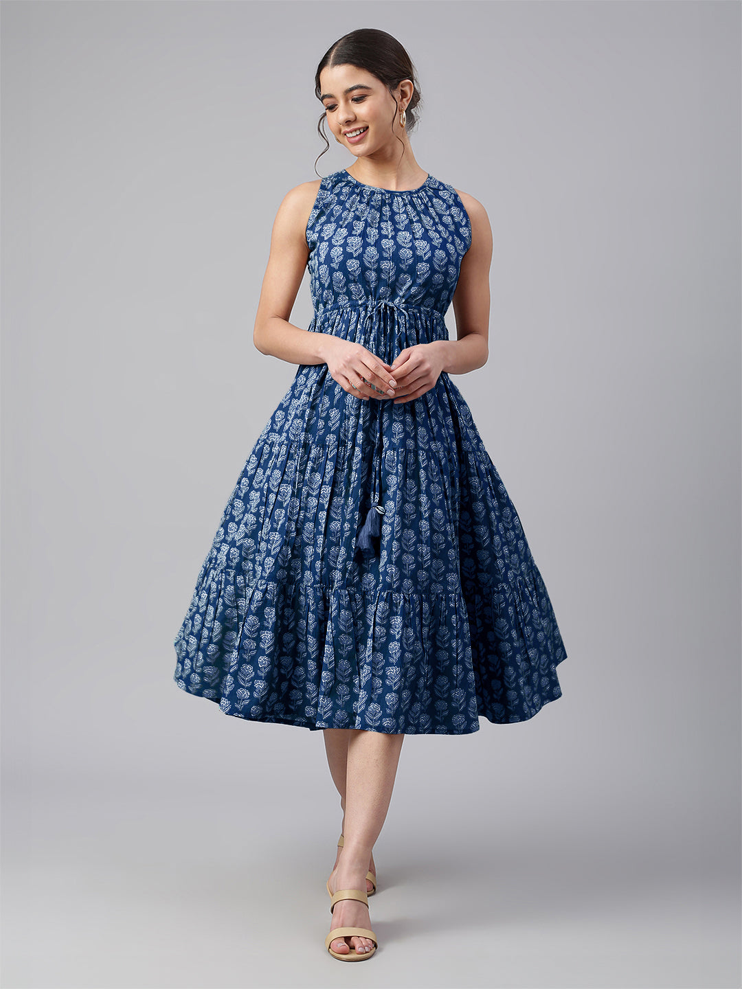 Janasya Bright Cotton Floral Tiered Dress 
