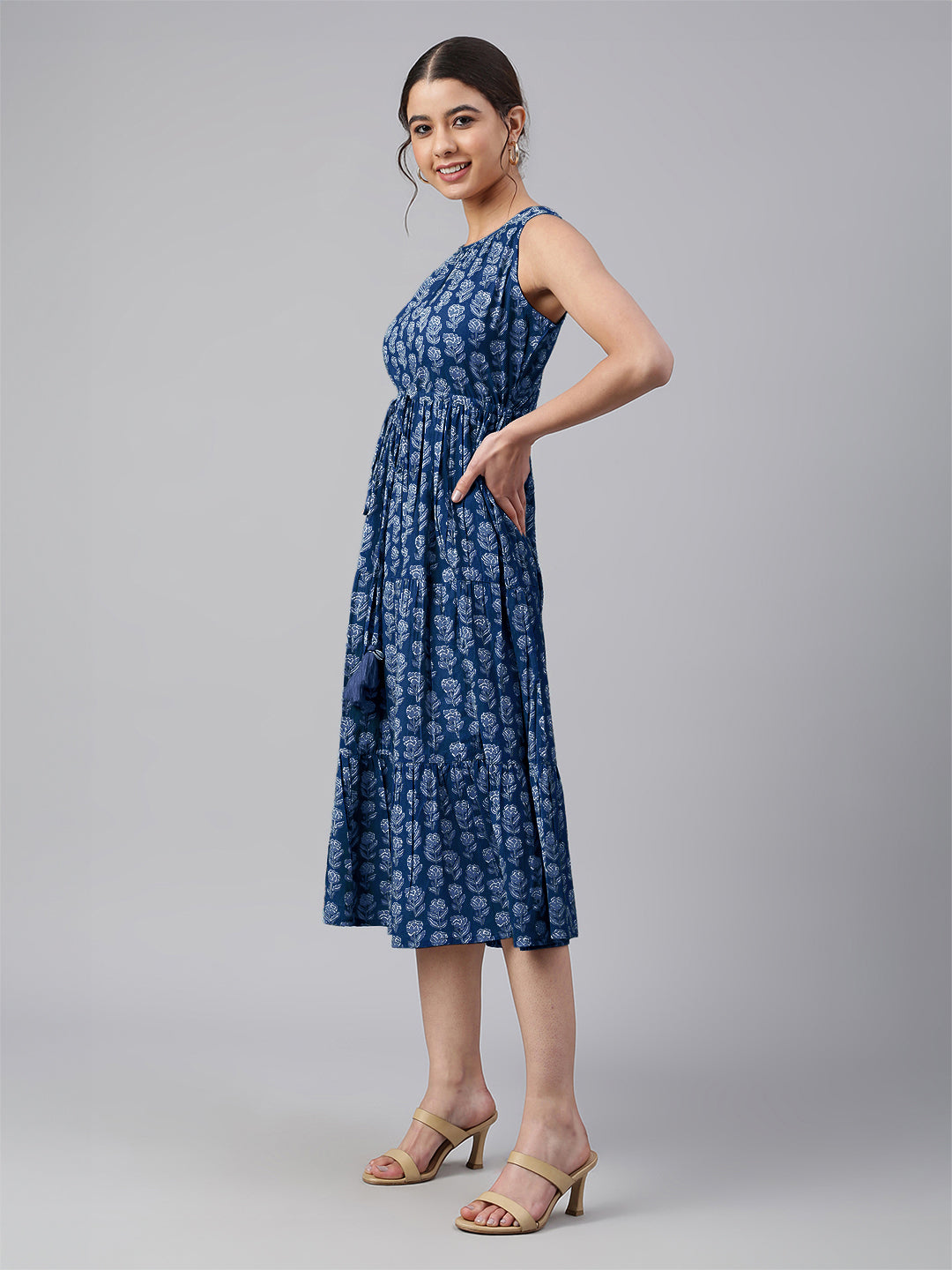 Janasya Bright Cotton Floral Tiered Dress 