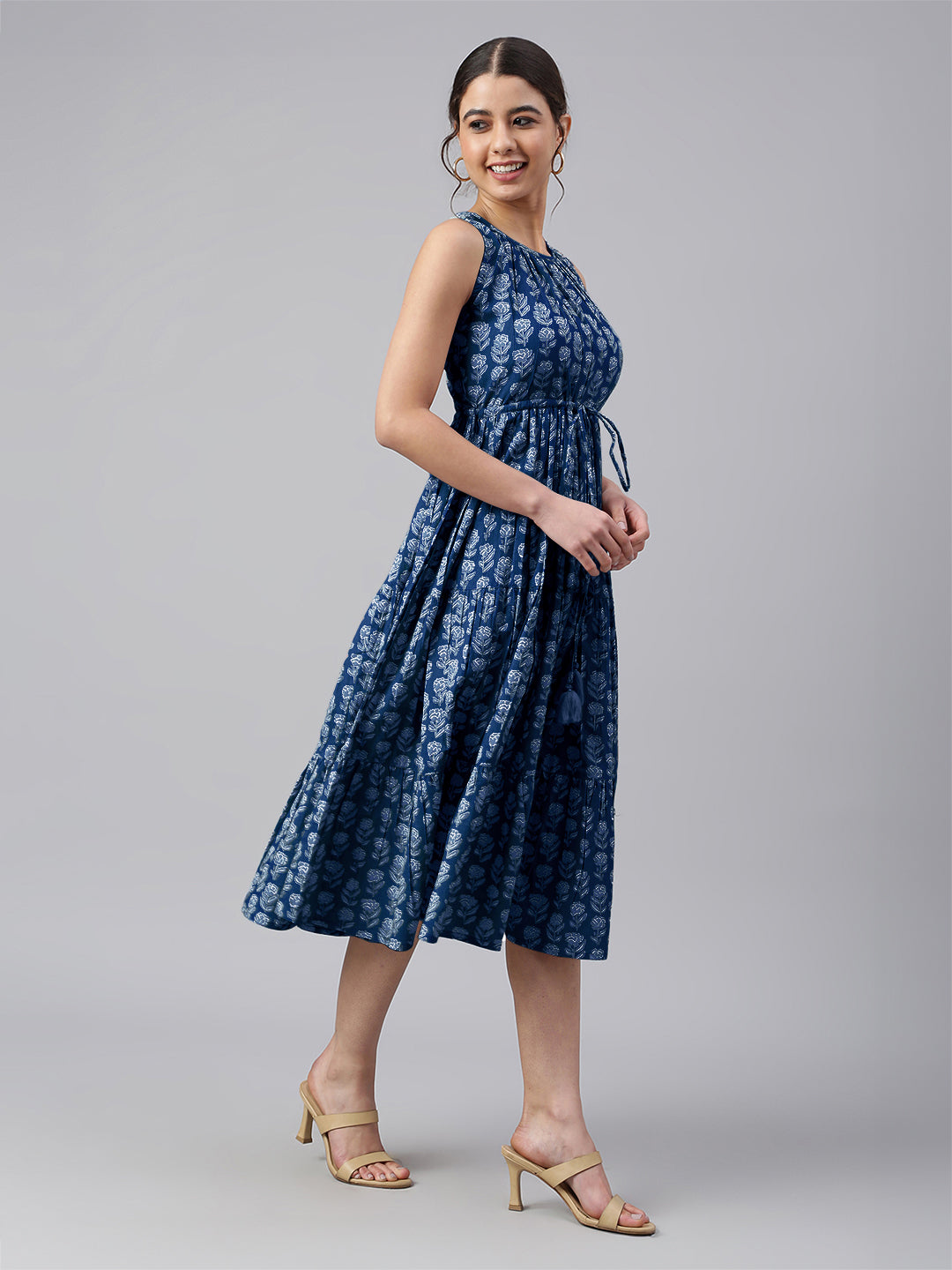 Janasya Bright Cotton Floral Tiered Dress 