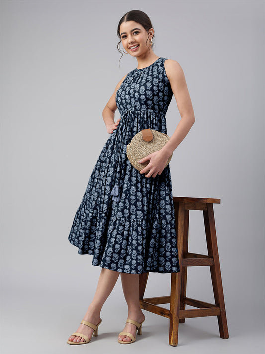 Janasya Dark Cotton Floral Tiered Dress 