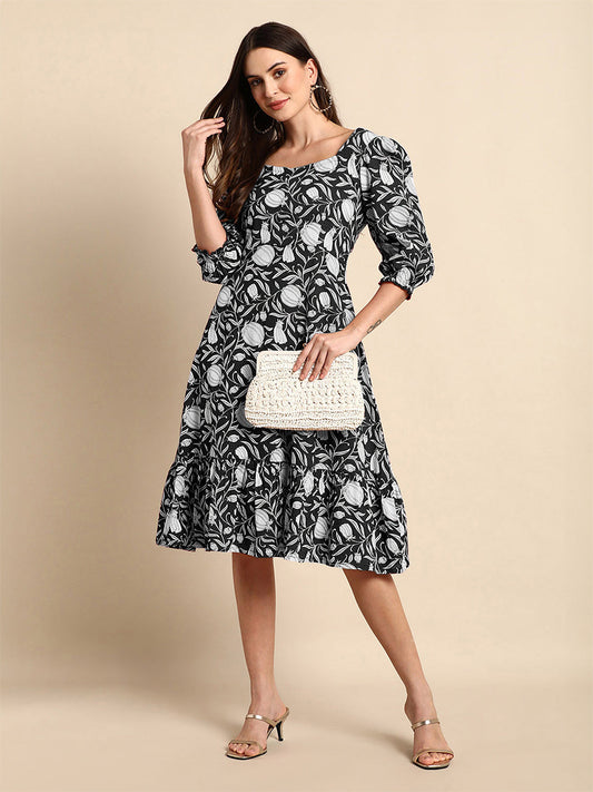 Janasya Dark Cotton Floral A-Line Dress 