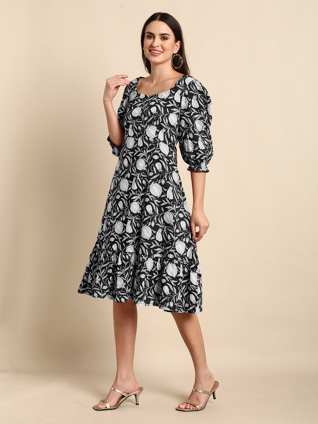 Janasya Dark Cotton Floral A-Line Dress 