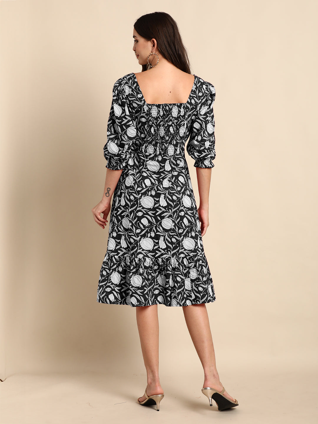 Janasya Dark Cotton Floral A-Line Dress 