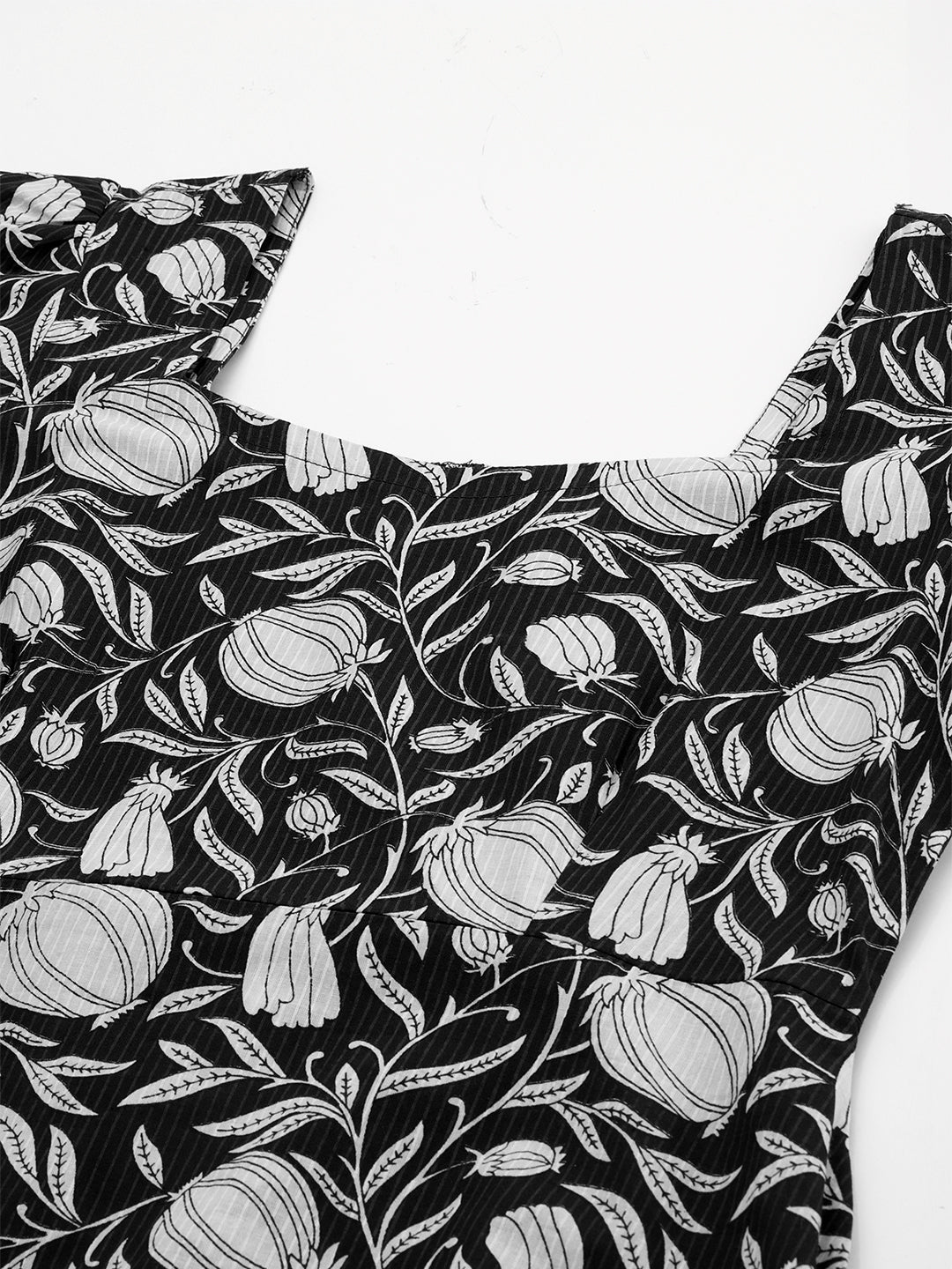 Janasya Dark Cotton Floral A-Line Dress 