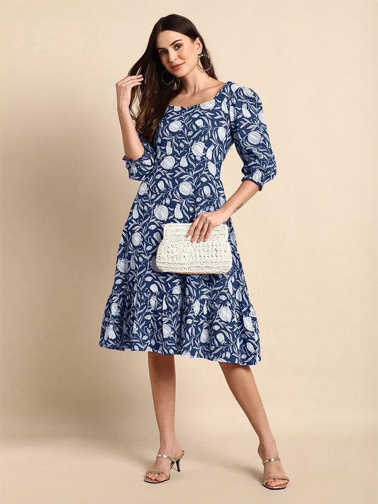 Janasya Dark Cotton Floral A-Line Dress 