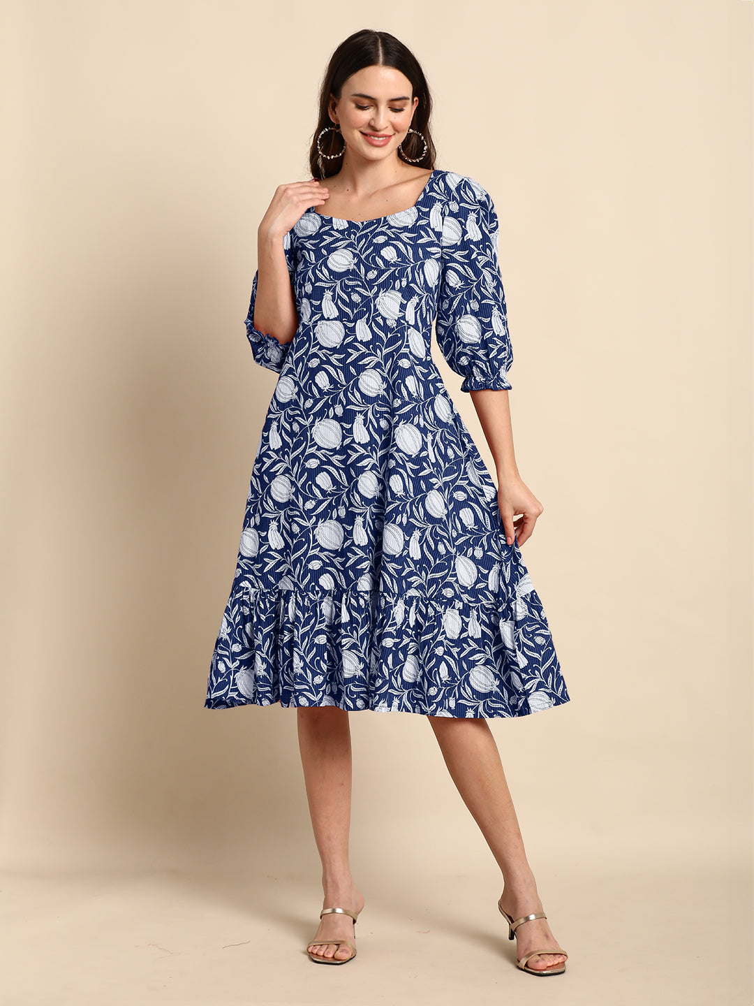 Janasya Dark Cotton Floral A-Line Dress 