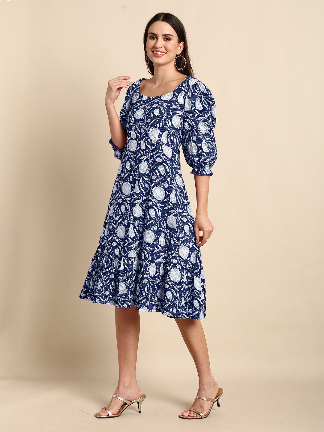 Janasya Dark Cotton Floral A-Line Dress 