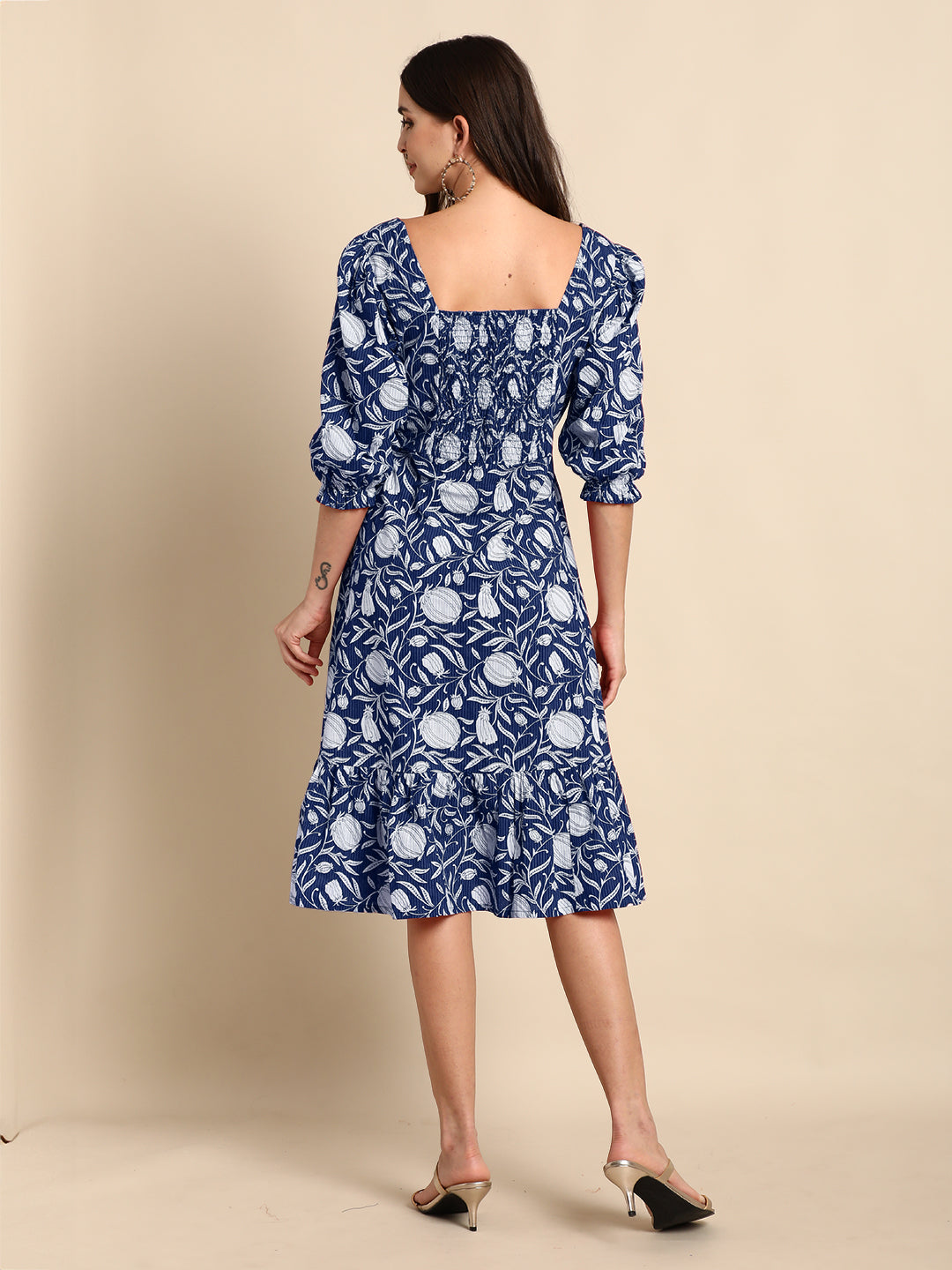 Janasya Dark Cotton Floral A-Line Dress 