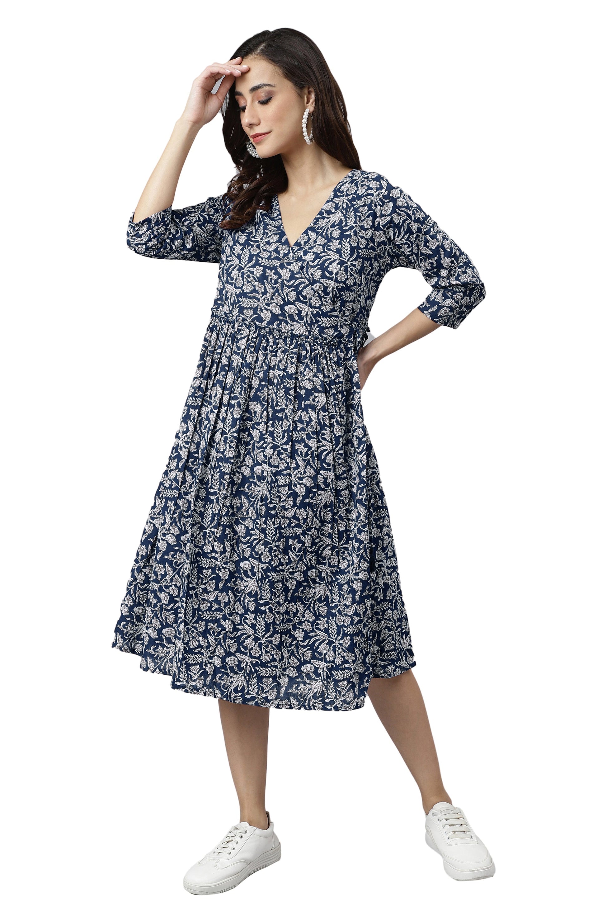 Janasya Dark Cotton Floral Angrakha Dress 
