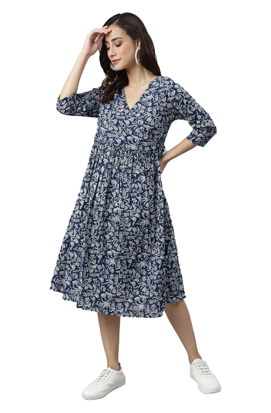 Janasya Dark Cotton Floral Angrakha Dress 