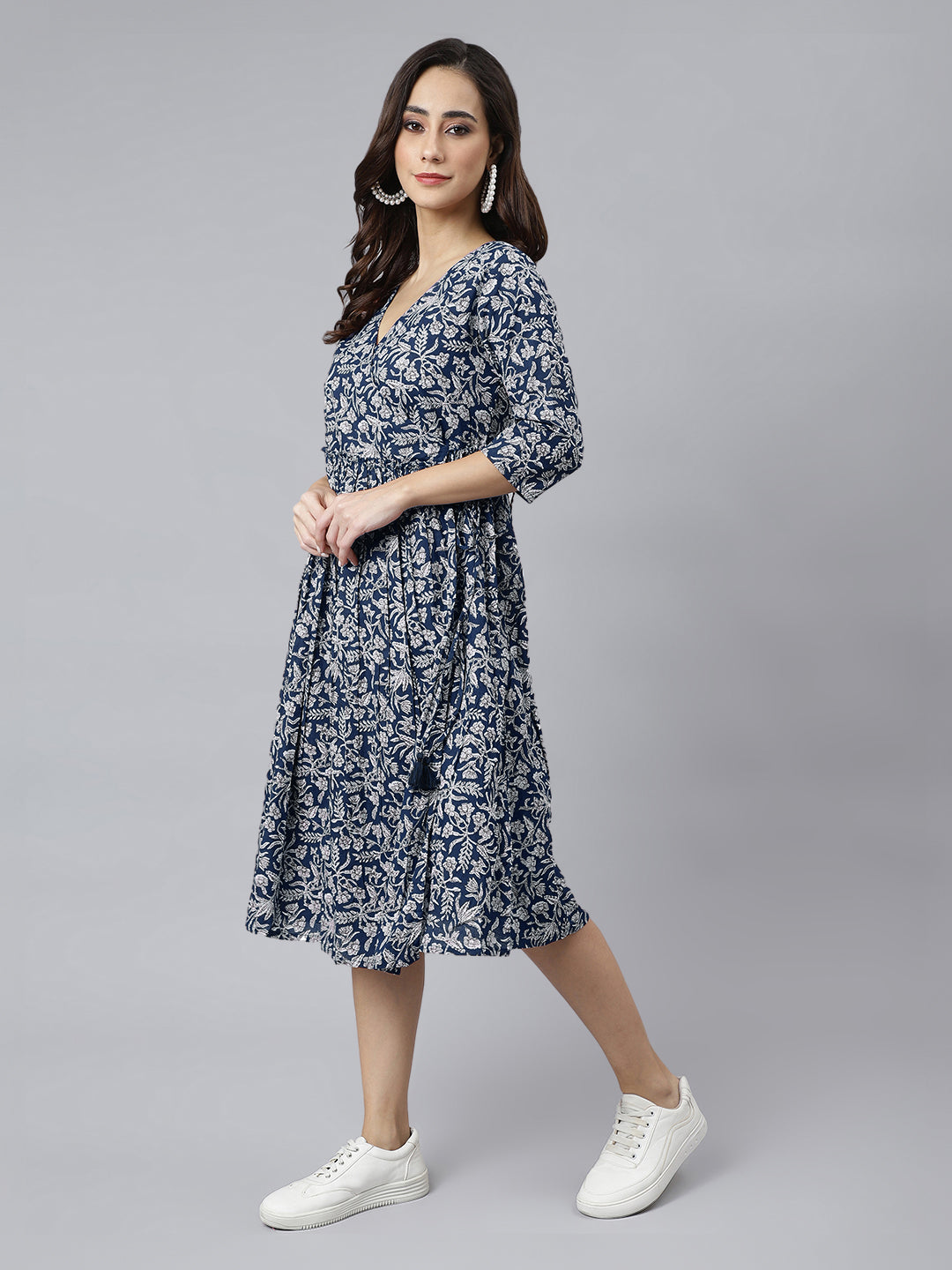 Janasya Dark Cotton Floral Angrakha Dress 