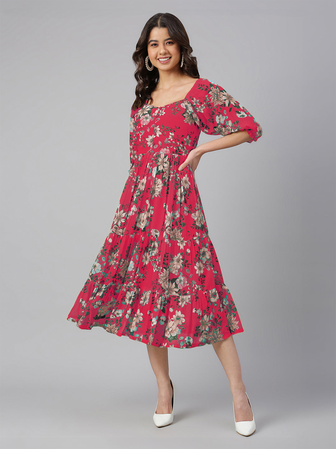 Janasya Bright Georgette Floral Tiered Dress 