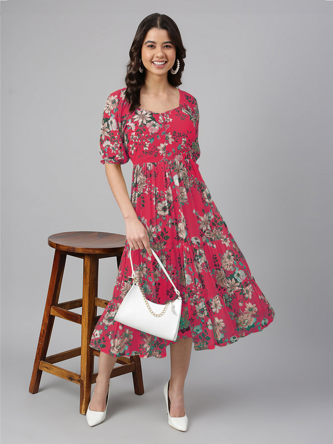 Janasya Bright Georgette Floral Tiered Dress 