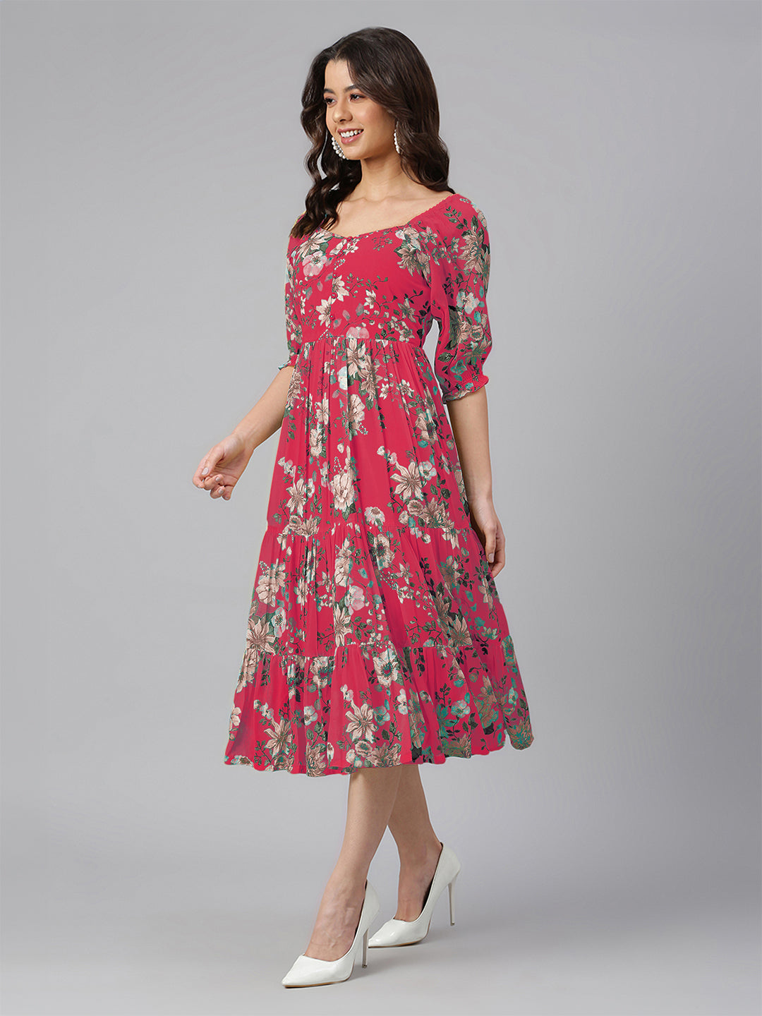 Janasya Bright Georgette Floral Tiered Dress 