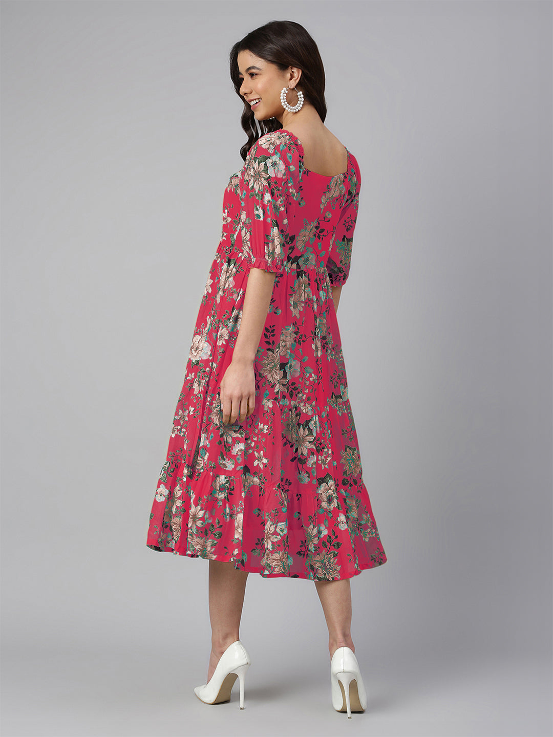 Janasya Bright Georgette Floral Tiered Dress 