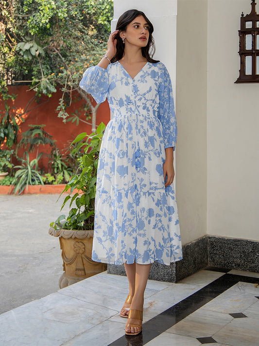 Janasya Light Georgette Floral Fit & Flare Dress 