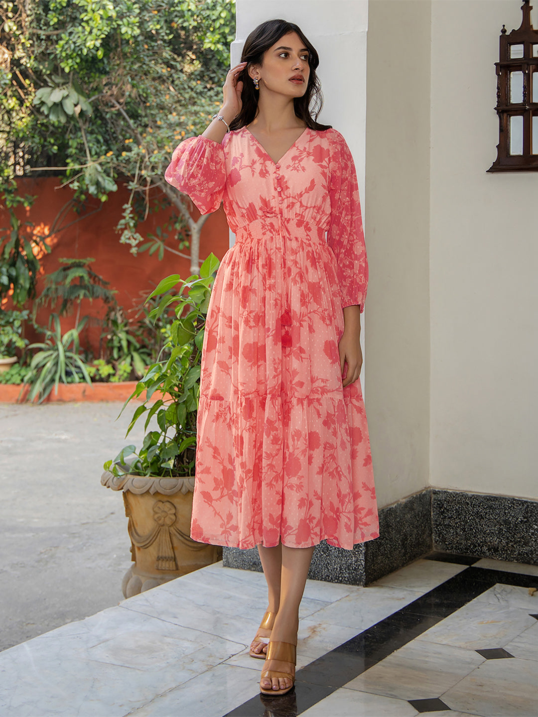 Janasya Bright Georgette Floral Fit & Flare Dress 