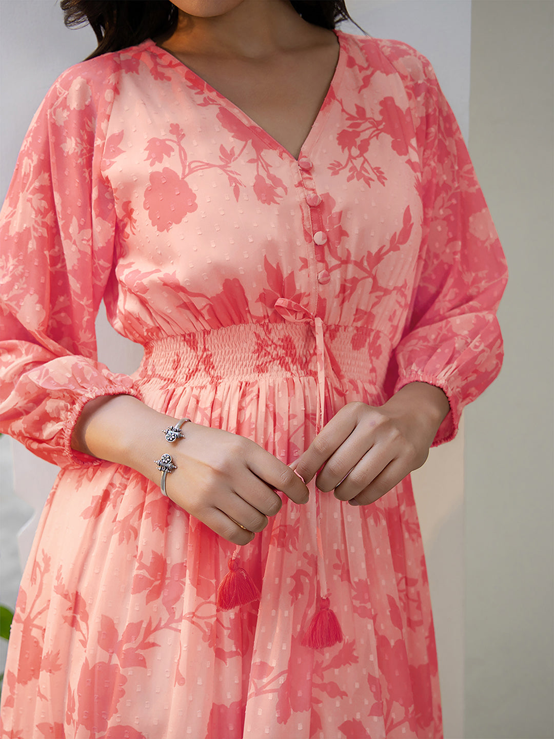 Janasya Bright Georgette Floral Fit & Flare Dress 