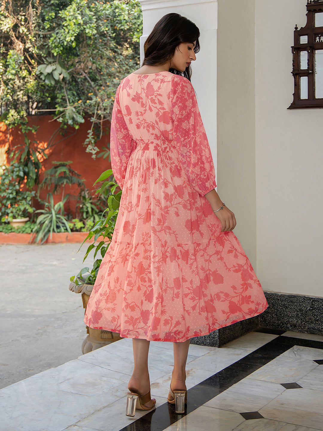 Janasya Bright Georgette Floral Fit & Flare Dress 