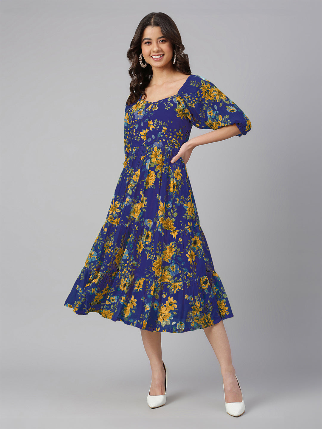 Janasya Bright Georgette Floral Tiered Dress 