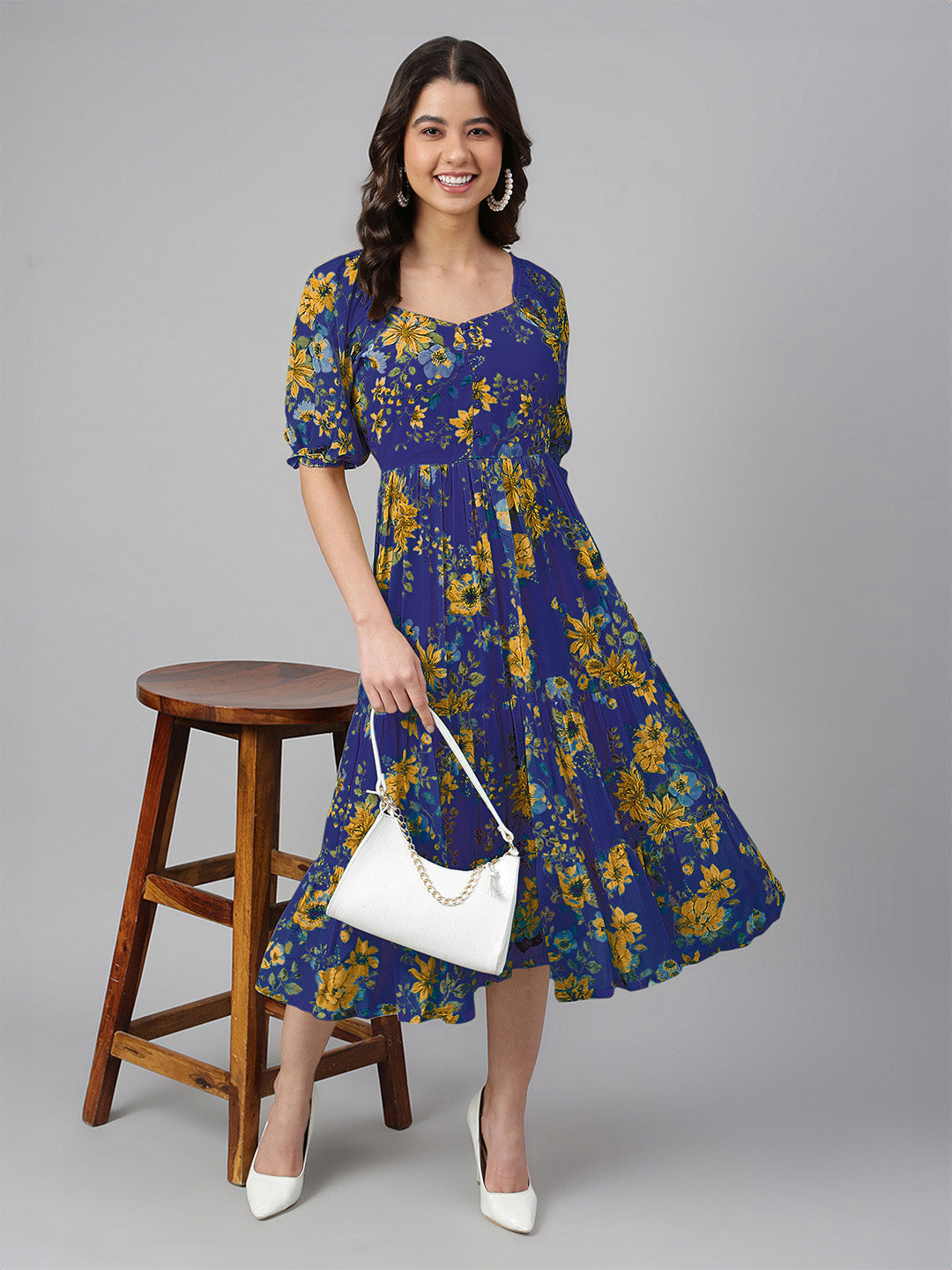 Janasya Bright Georgette Floral Tiered Dress 