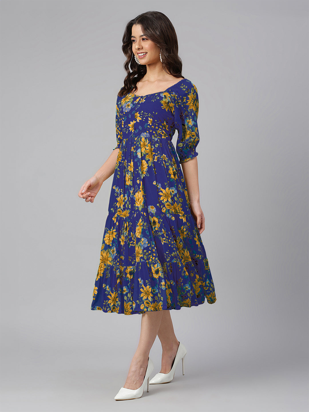 Janasya Bright Georgette Floral Tiered Dress 