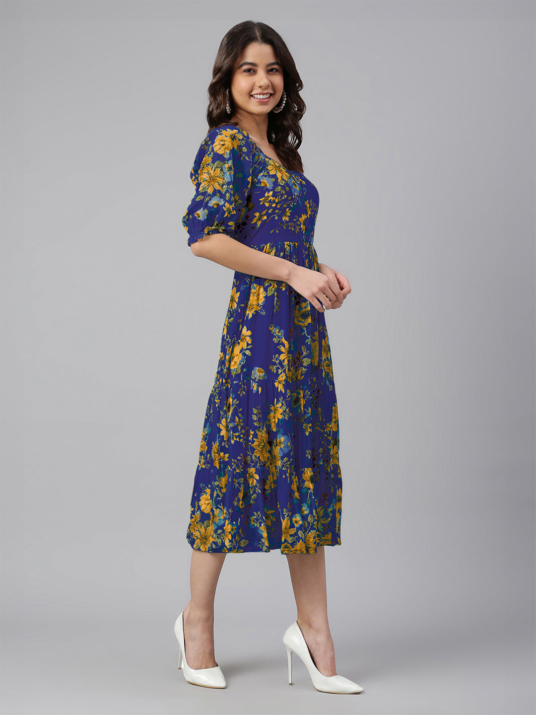 Janasya Bright Georgette Floral Tiered Dress 