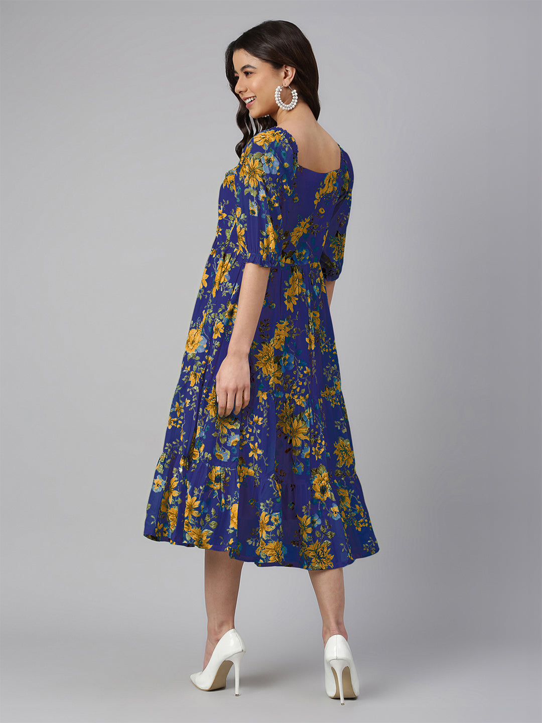 Janasya Bright Georgette Floral Tiered Dress 