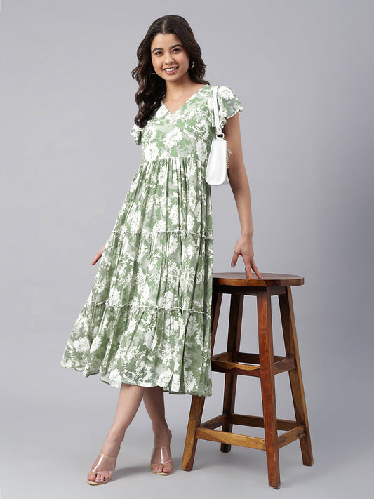 Janasya Dark Georgette Abstract Tiered Dress 