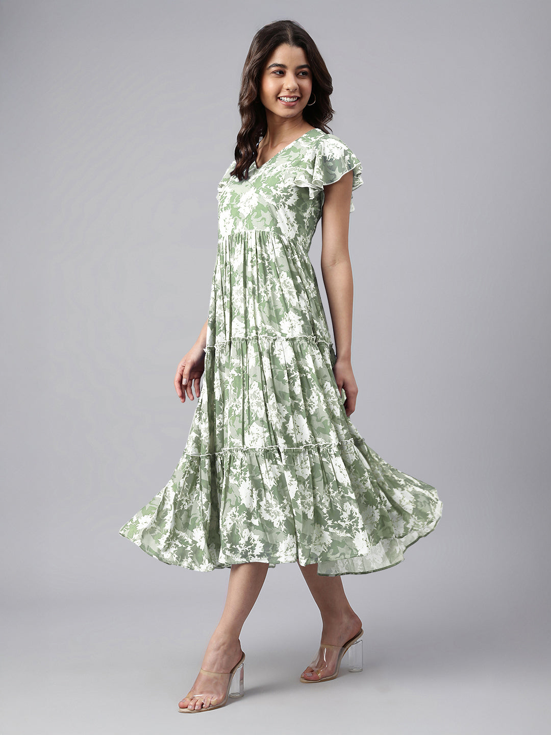 Janasya Dark Georgette Abstract Tiered Dress 