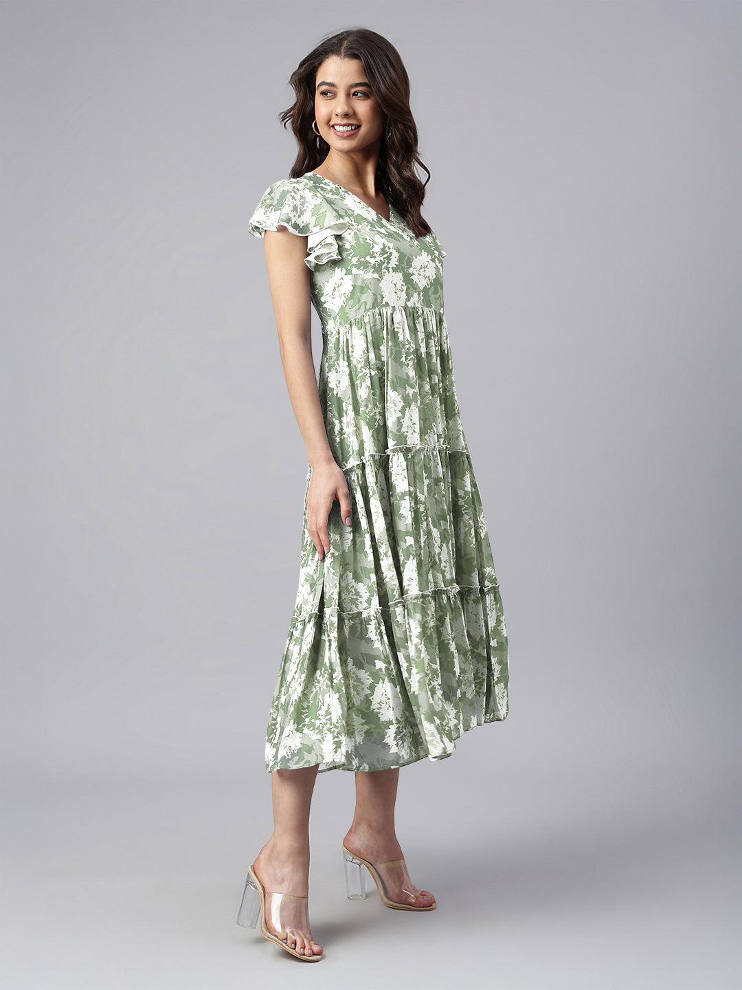 Janasya Dark Georgette Abstract Tiered Dress 