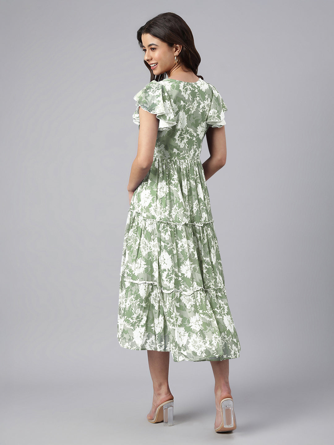 Janasya Dark Georgette Abstract Tiered Dress 