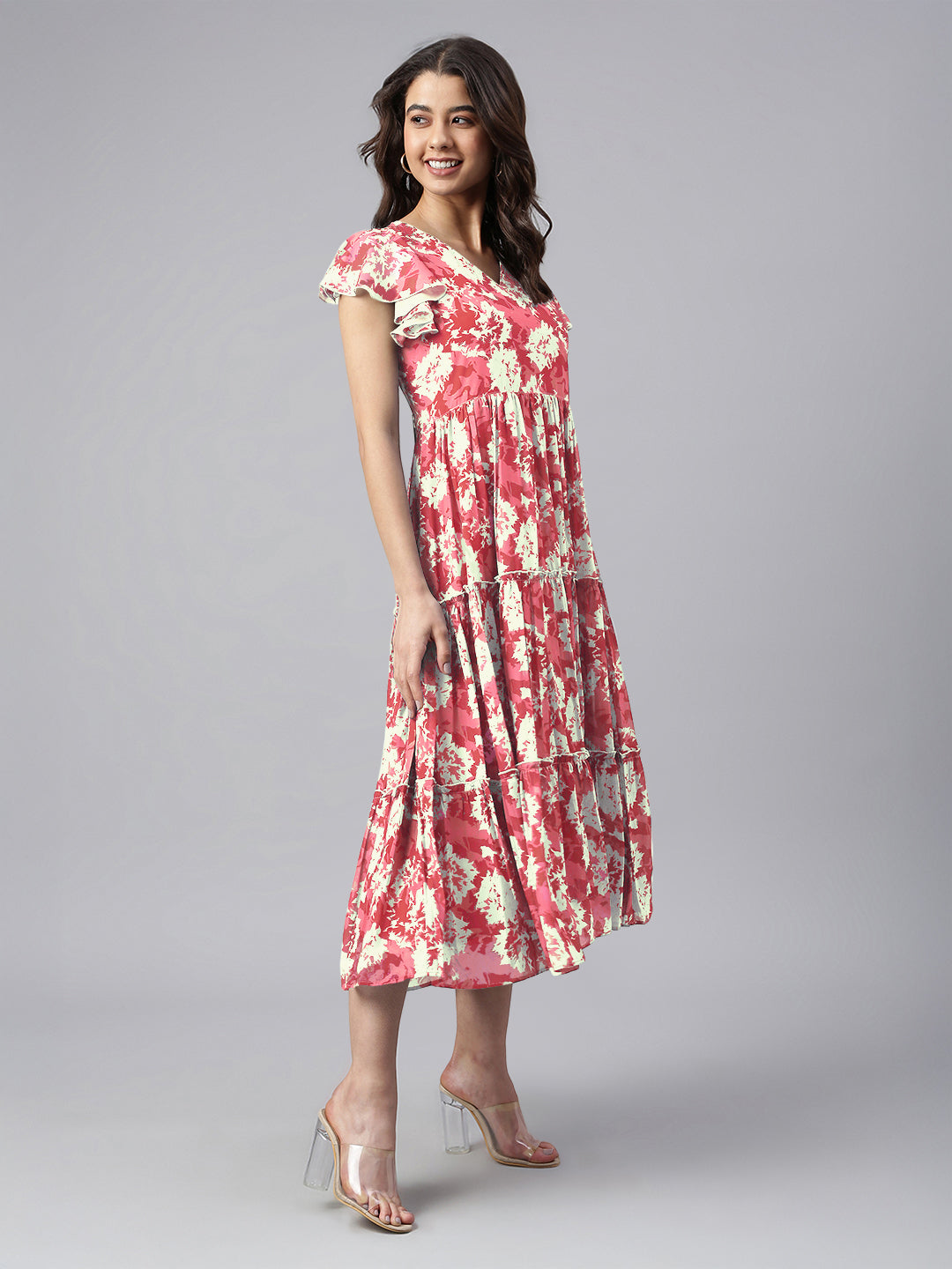 Janasya Dark Georgette Abstract Tiered Dress 