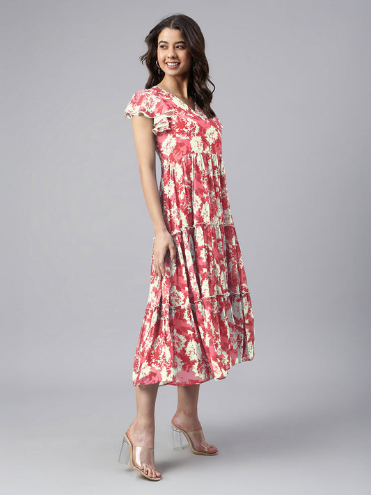Janasya Dark Georgette Abstract Tiered Dress 