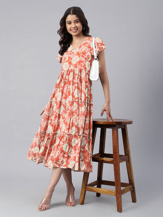Janasya Dark Georgette Abstract Tiered Dress 