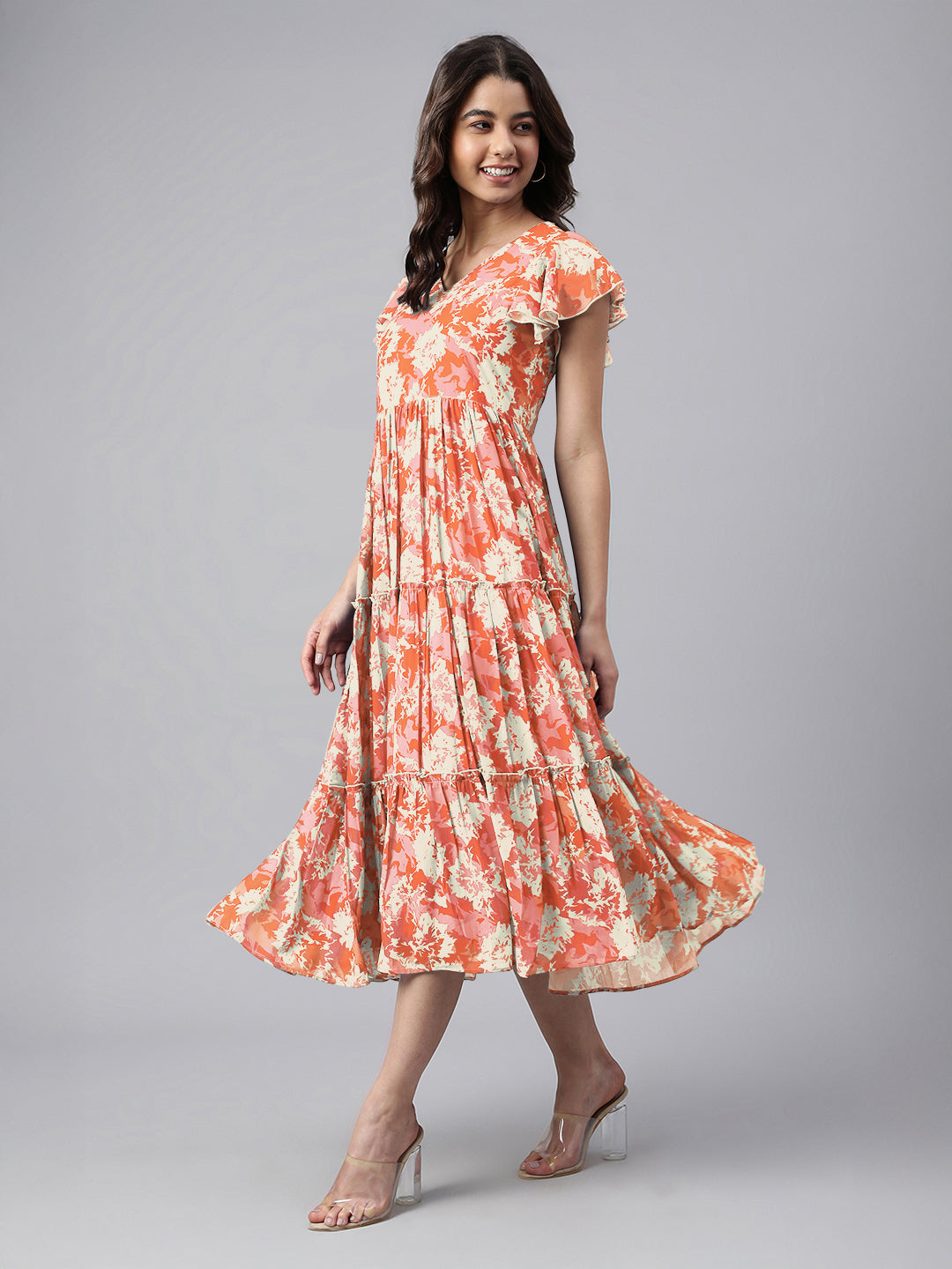 Janasya Dark Georgette Abstract Tiered Dress 