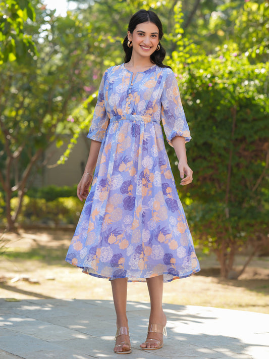 Janasya Dark Georgette Floral A-Line Dress 