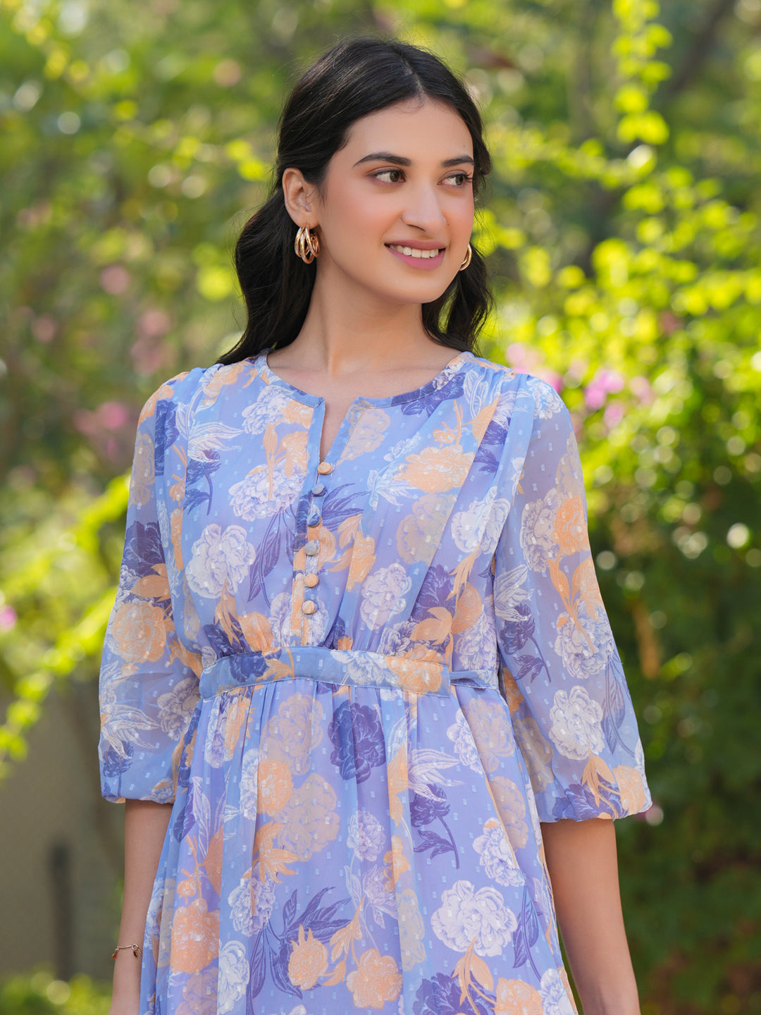 Janasya Dark Georgette Floral A-Line Dress 