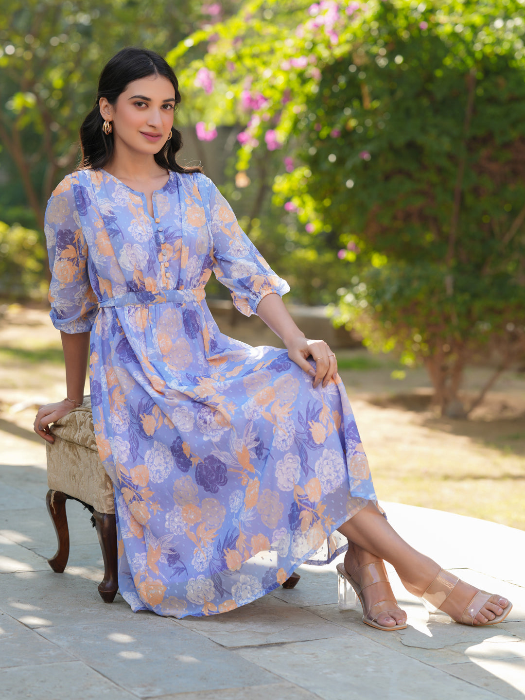 Janasya Dark Georgette Floral A-Line Dress 