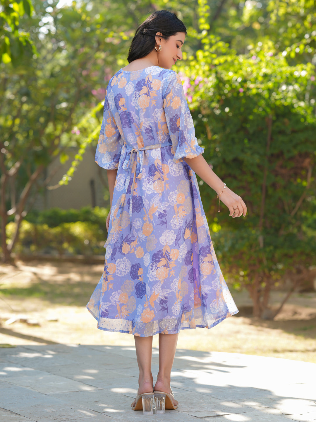 Janasya Dark Georgette Floral A-Line Dress 