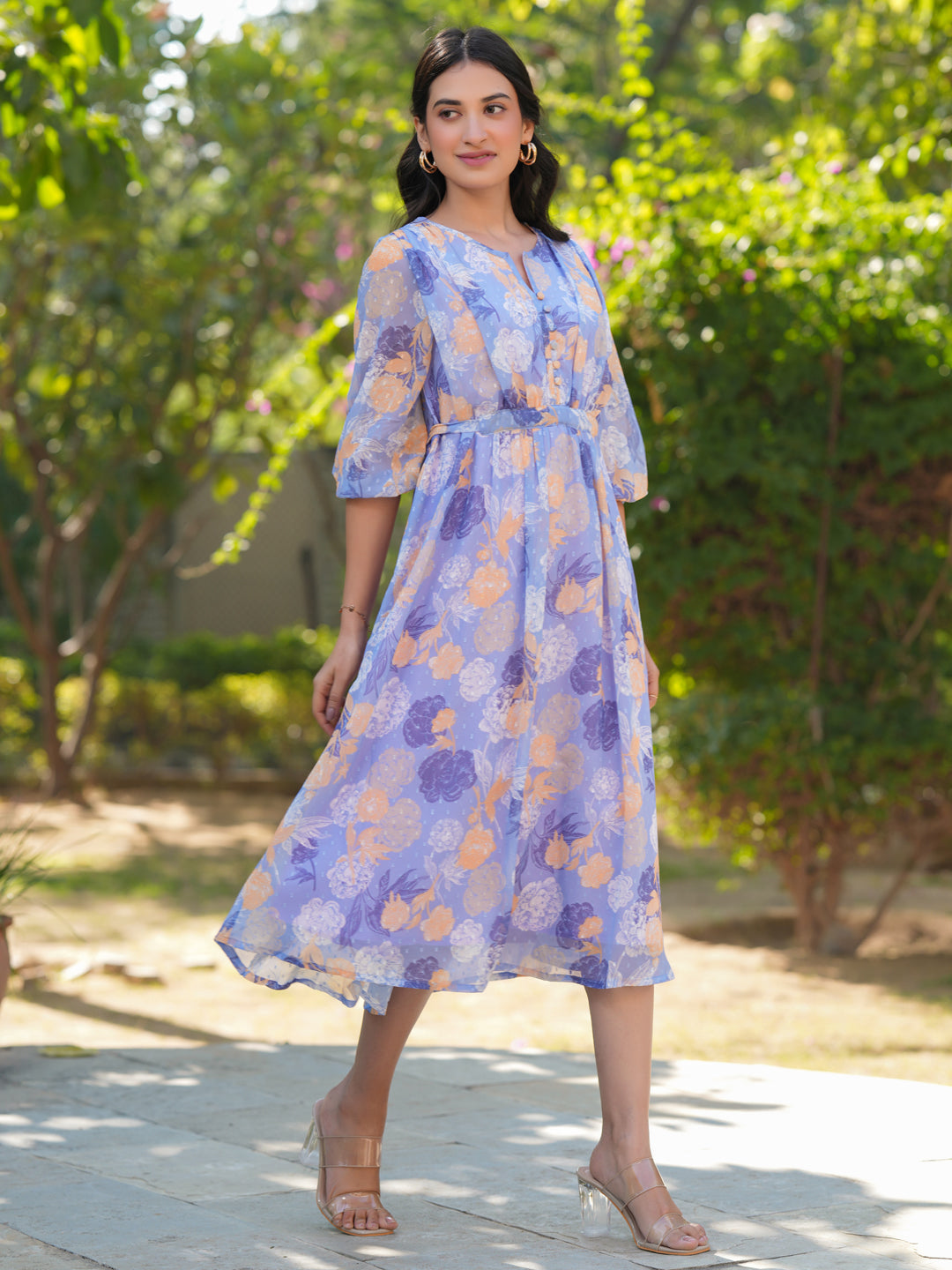 Janasya Dark Georgette Floral A-Line Dress 
