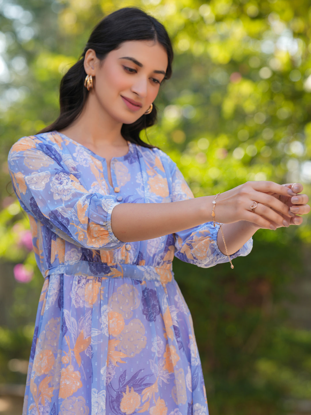 Janasya Dark Georgette Floral A-Line Dress 