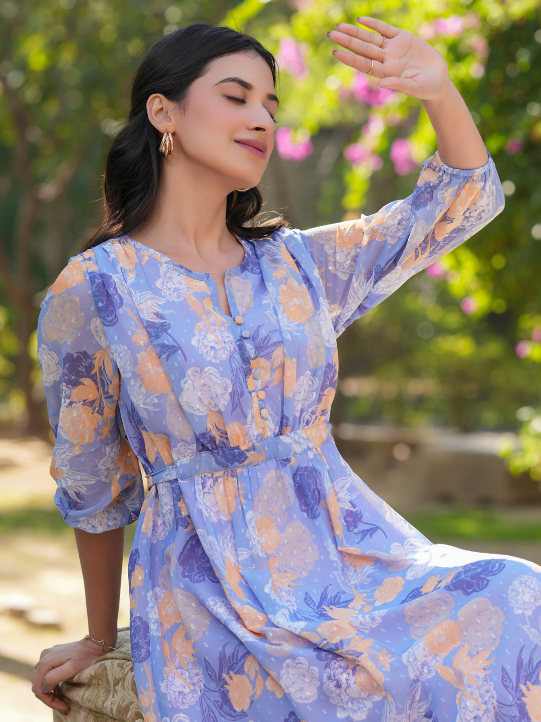 Janasya Dark Georgette Floral A-Line Dress 