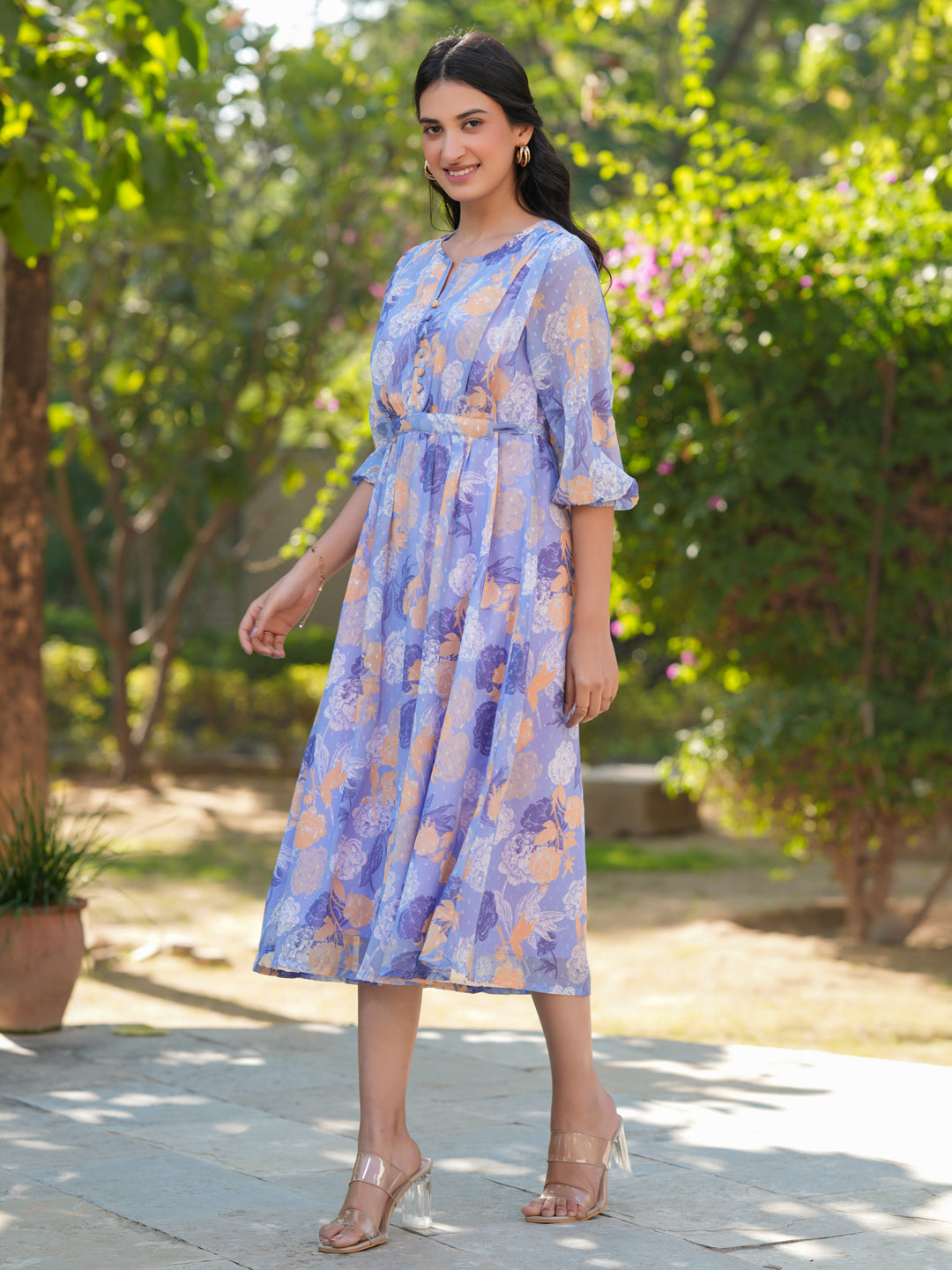 Janasya Dark Georgette Floral A-Line Dress 