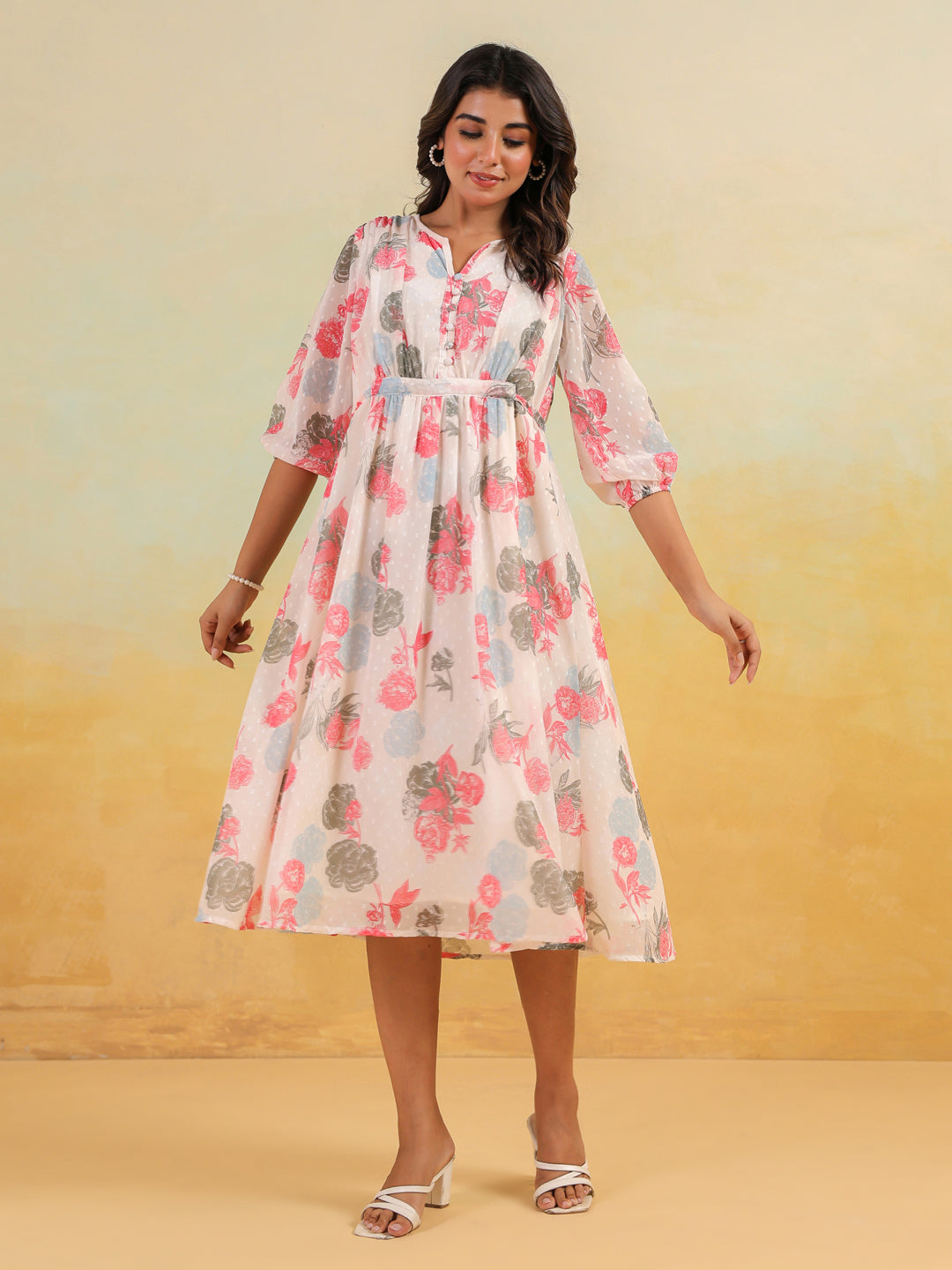 Janasya Light Georgette Floral Flared Dress 