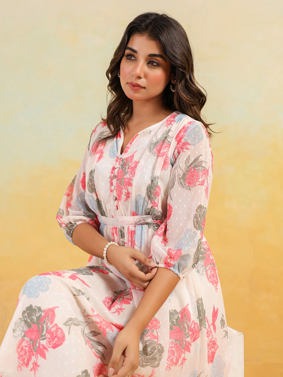 Janasya Light Georgette Floral Flared Dress 